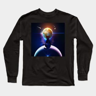 Cat Watching Sunset Sitting on Crescent Moon from Earth Space View - Eclipse Long Sleeve T-Shirt